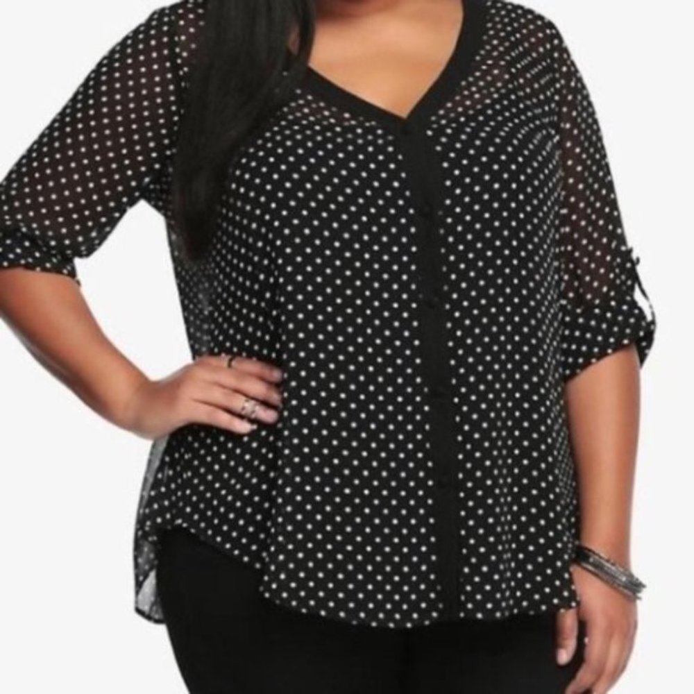 Torrid Black Polka Dot Sheer Tab Sleeve Blouse